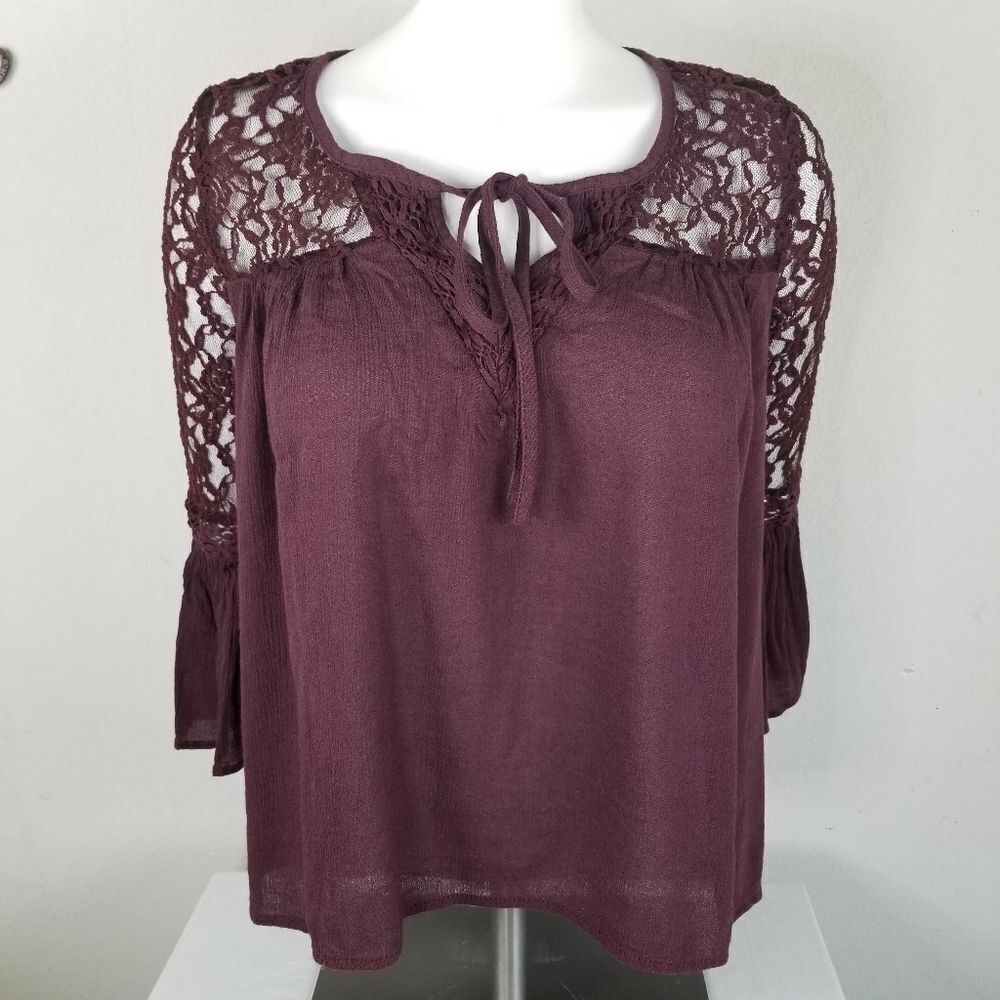 Mudd Deep Burgundy Lace Accent Tie‎ Front Blouse